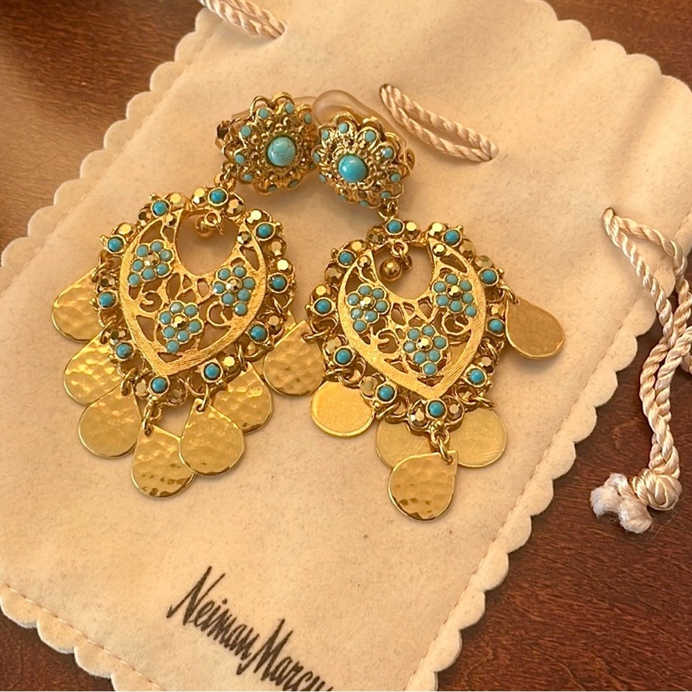 Stunning Vintage Barrera 24k Gold Plated With Turquoise Chandelier Earrings